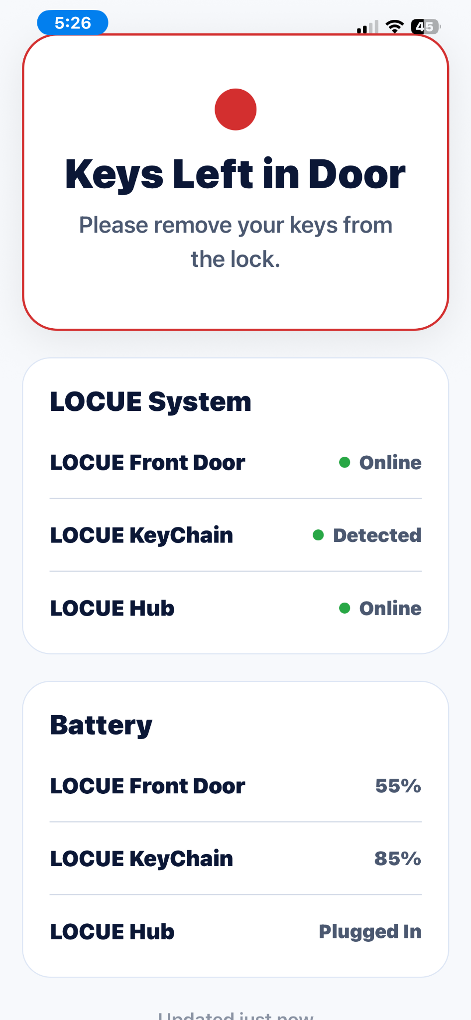 LOCUE app active Keys Left in Door alert