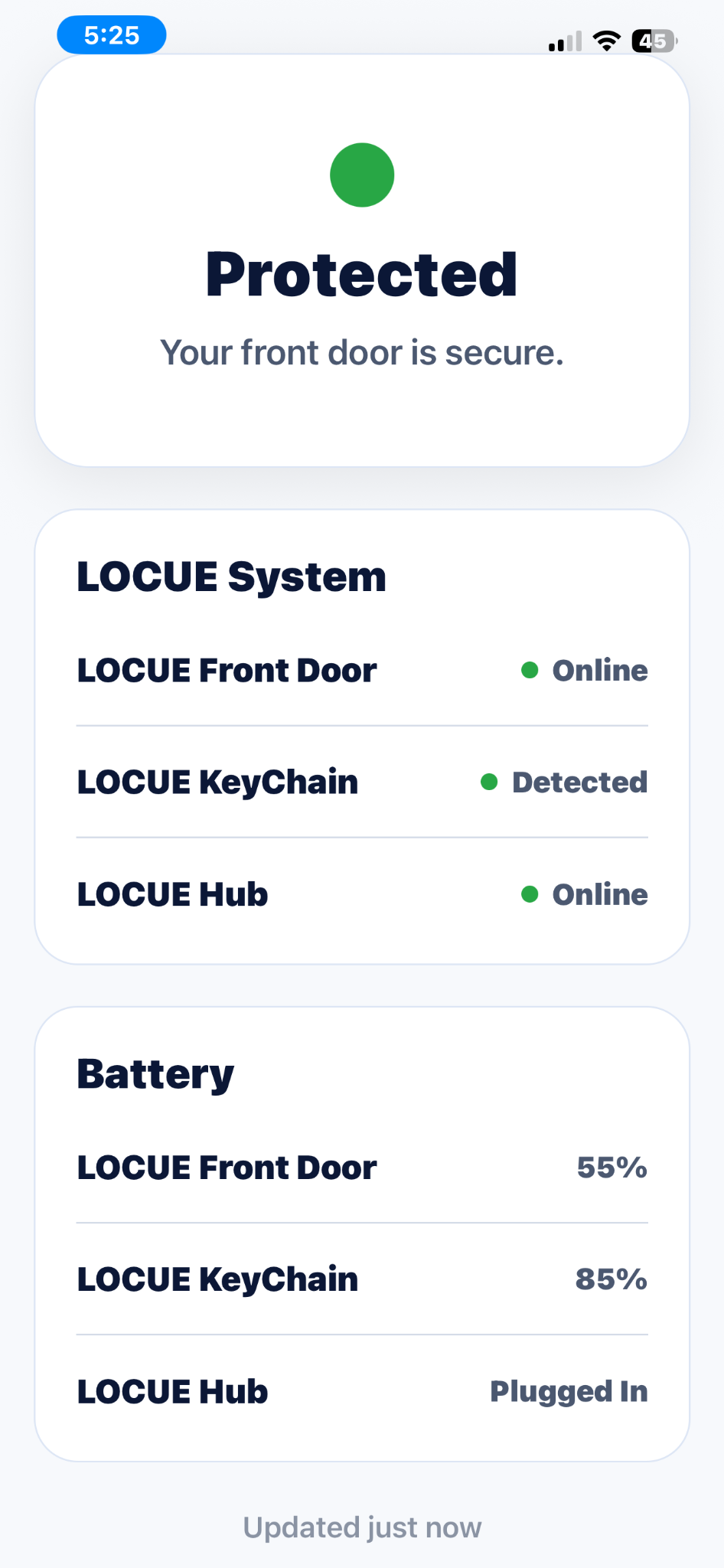 LOCUE app protected dashboard showing all three system units online